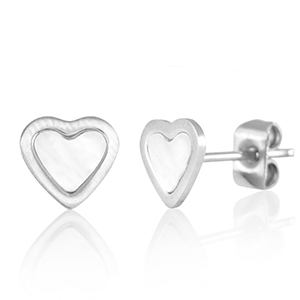 Boucles d'oreilles / puces d&rsquo;oreilles en acier Inox coeur Argent&eacute;-blanc perle