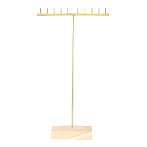 Pr&eacute;sentoir bijoux en forme de T pour colliers avec pied en bois Naturel-dor&eacute;