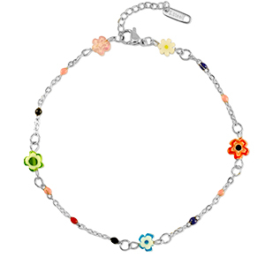 Chaines de cheville en acier Inox millefiori fleurs Argent&eacute;-multicolore