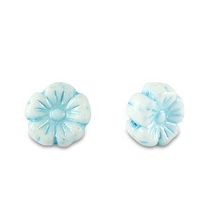 Perles tch&egrave;ques fleur 7mm Bleu clair m&eacute;tallis&eacute;-blanc
