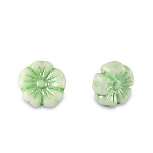 Perles tch&egrave;ques fleur 7mm Vert p&acirc;le m&eacute;tallis&eacute;-blanc