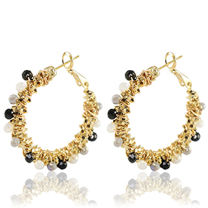 Boucles d'oreilles en acier Inox perles &agrave; facettes Noir-blanc-dor&eacute;