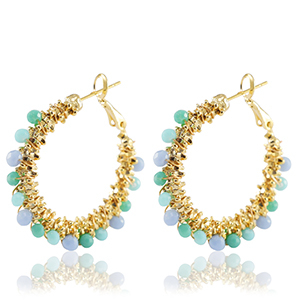 Boucles d'oreilles en acier Inox perles &agrave; facettes Bleu-dor&eacute;