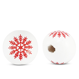Perles en bois rond 16mm flocon de neige Blanc-rouge