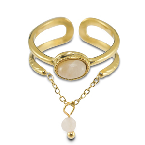 Bagues en acier Inox avec pierre naturelle Dor&eacute;-blanc cass&eacute;-blanc