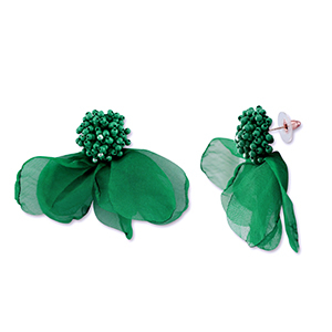 Boucles d'oreilles tendance fleur en mousseline Vert fonc&eacute;-dor&eacute;