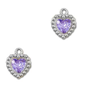 Breloques en acier Inox zirconium coeur Argent&eacute;-violet