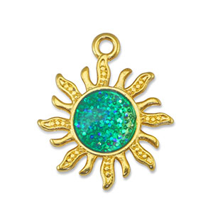 Breloques en m&eacute;tal DQ soleil Paillet&eacute; Turquoise-Dor&eacute; (sans nickel)