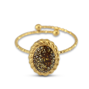 Bagues en acier inox &eacute;maill&eacute;es ovale Dor&eacute;-paillet&eacute; topaze