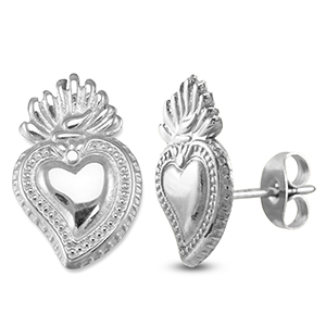 Boucles d'oreilles / puces en acier Inox coeur Argent&eacute;