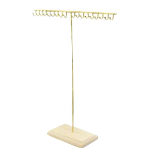Pr&eacute;sentoir bijoux en forme de T pour colliers avec pied en bois Naturel-dor&eacute;
