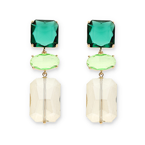 Boucles d&rsquo;oreilles / puces d&rsquo;oreilles en verre de cristal carr&eacute;-ovale-rectangle Vert fonce-vert clair-beige sable
