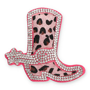 Pendentifs accroche-regard avec strass botte de cow-boy avec imprim&eacute; l&eacute;opard Cristal-rose vintage-rose fonc&eacute;