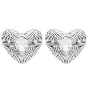 Boucles d'oreilles / puces en acier Inox coeur Argent&eacute;-cristal