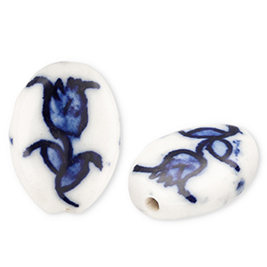 Perles en c&eacute;ramique ovale avec tulipe Blanc cass&eacute;-bleu de Delft
