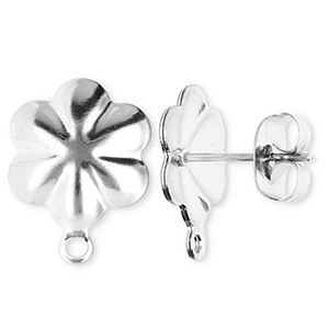 Appr&ecirc;ts en acier Inox boucles d'oreilles / puces d&rsquo;oreilles fleur avec anneau Argent&eacute;