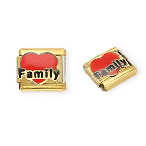 Appr&ecirc;ts en acier inox breloques pour bracelet italien c&oelig;ur "Family" Dor&eacute;-rouge-noir
