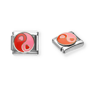 Appr&ecirc;ts en acier inox breloques pour bracelet italien c&oelig;ur Yin & Yang Argent&eacute;-rose-rouge