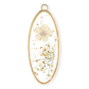 Pendentifs avec fleurs s&eacute;ch&eacute;es oblong ovale Dor&eacute;-blanc cass&eacute;