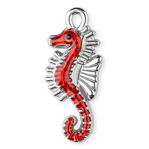 Breloques en acier Inox &eacute;maill&eacute;e hippocampe Argent&eacute;-rouge-noir