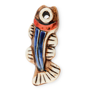 Pendentif en c&eacute;ramique poisson Marron-blanc-bleu fonc&eacute;-rouge