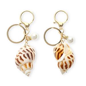 Porte-cl&eacute;s coquille avec perle Marron-dor&eacute;