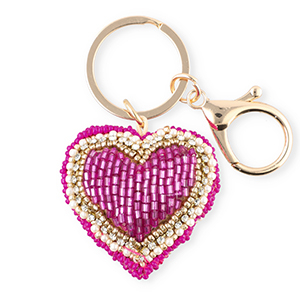 Porte-cl&eacute;s c&oelig;ur Dor&eacute;-fuchsia-blanc