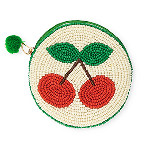 Porte monnaie rond avec cerises Blanc cass&eacute;-vert-marron-rouge