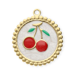 Breloques en acier Inox rond avec cerises Dor&eacute;-blanc nacr&eacute;-rouge-vert