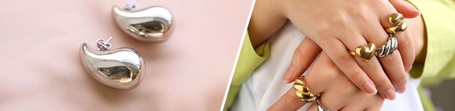 Nouveau: boucles d'oreilles et bagues en acier inoxydable